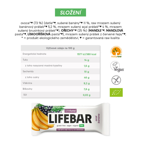 630285 Tyčinka Lifebar banánová s acai RAW 40 g BIO LIFEFOOD-2