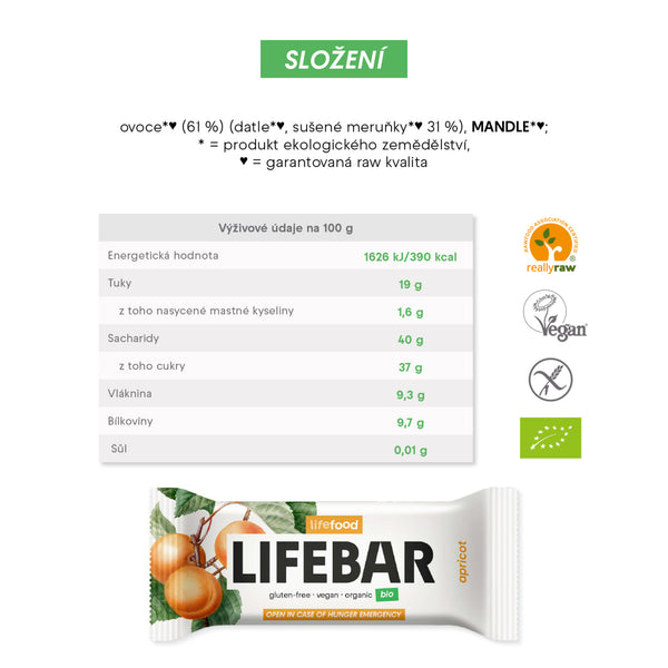 630294 Tyčinka Lifebar meruňková RAW 40 g BIO LIFEFOOD-2