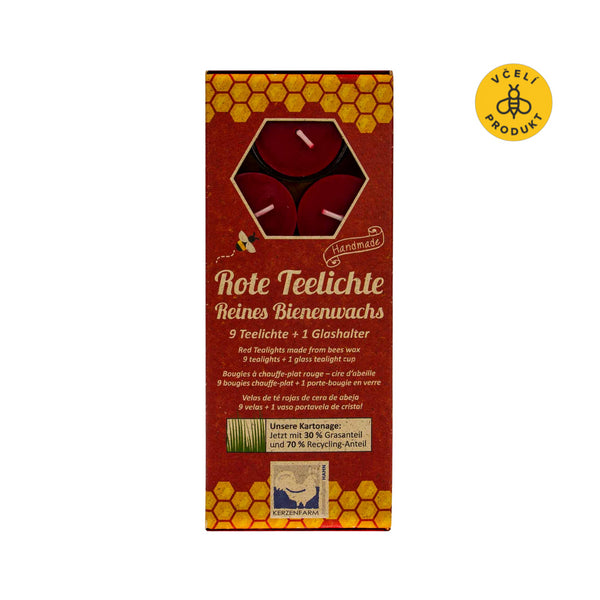 Kerzenfarm Sada čajových svíček ze včelího vosku (9 ks + stojánek) - bezobalové, červené