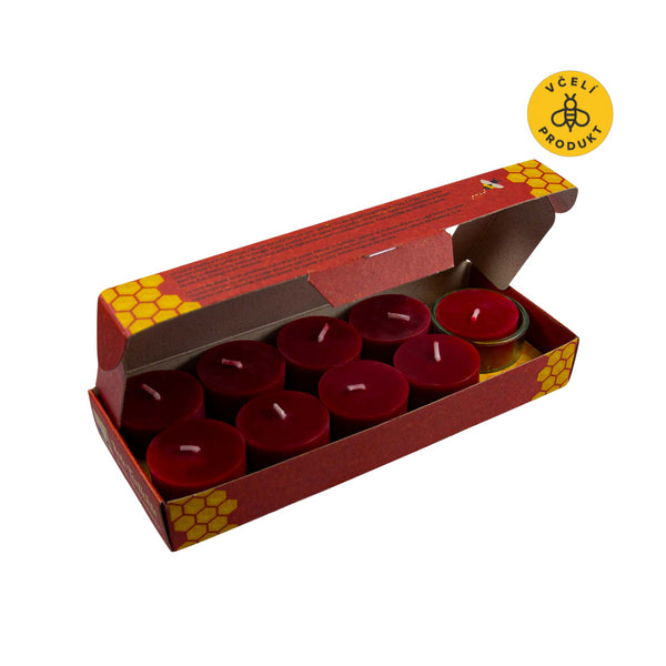 Kerzenfarm Sada čajových svíček ze včelího vosku (9 ks + stojánek) - bezobalové, červené