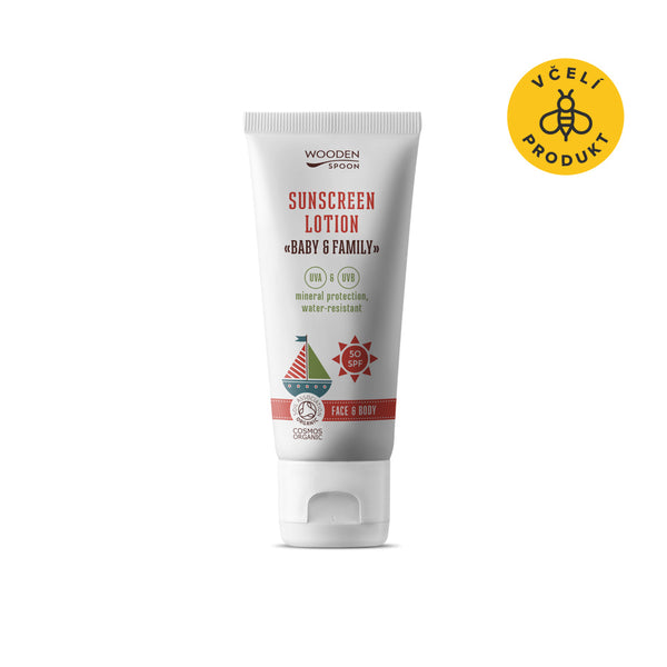 Drevená lyžička Telové mlieko na opaľovanie v tube Baby & Family SPF 50 <tc>BIO</tc>