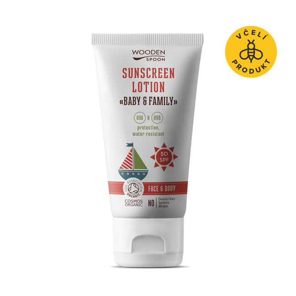 Drevená lyžička Telové mlieko na opaľovanie v tube Baby & Family SPF 50 <tc>BIO</tc>