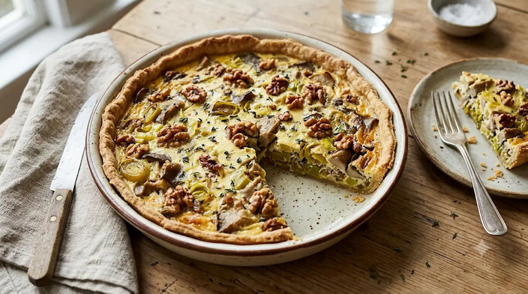 Quiche s pórkem, hlívou a vlašskými ořechy