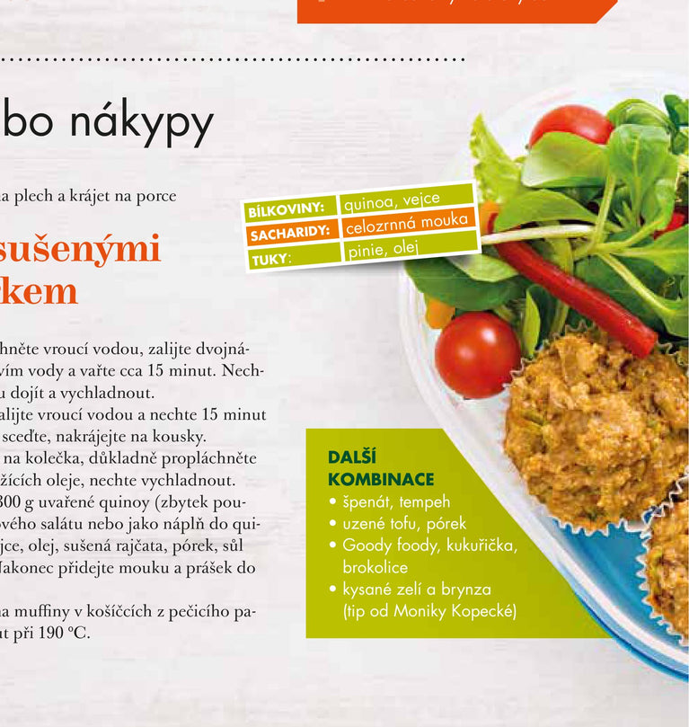 Quinoové muffiny se sušenými rajčaty, piniemi a pórkem