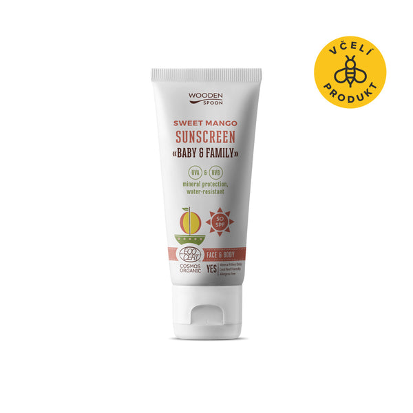 Wooden Spoon Opalovací tělové mléko Mango Baby & Family SPF 50 BIO