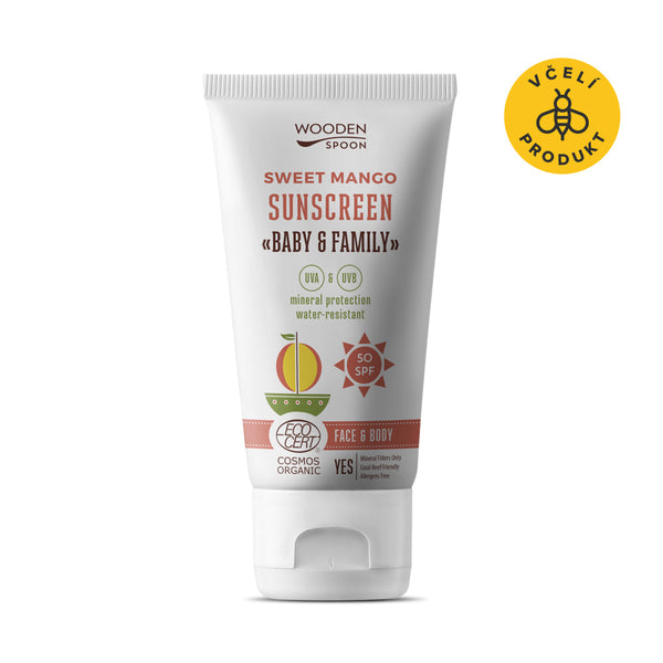 Wooden Spoon Opalovací tělové mléko Mango Baby & Family SPF 50 BIO